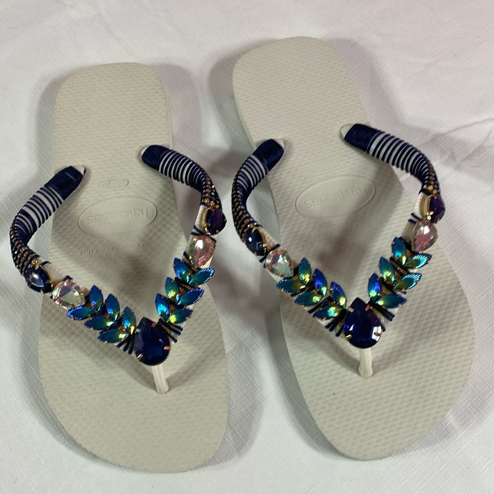 Custom Rhinestone Havaianas Flip Flops Sandals blue 39-40